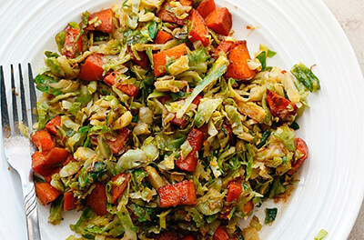Holiday Recipe: Warm Sweet Potato and Brussels Sprout Salad with a Parmesan Vinaigrette